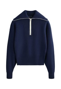Marineblauer Strickpullover mit hohem Kragen und vorderem Halb-Reißverschluss. Verfügt über gerippte Bündchen und Saum sowie eine strukturierte Stoffoberfläche.