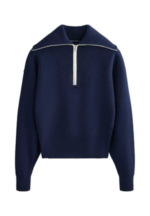 Pulover bleumarin tricotat, cu guler înalt și închidere frontală cu fermoar pe jumătate. Dispune de manșete și tiv striate, cu un finisaj texturat al materialului.