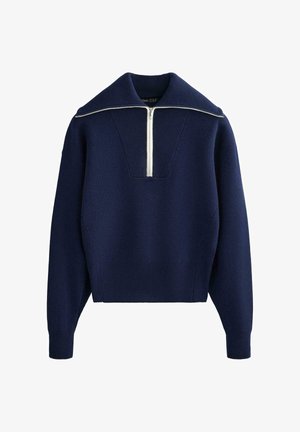 Pulover bleumarin tricotat, cu guler înalt și închidere frontală cu fermoar pe jumătate. Dispune de manșete și tiv striate, cu un finisaj texturat al materialului.