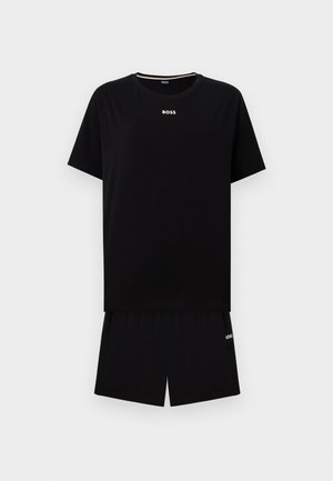 Black short-sleeve T-shirt and shorts set, both with small white "BOSS" logo on front, displayed against a plain light background.