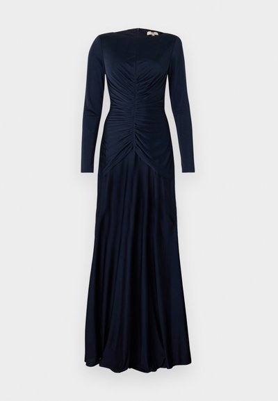 Βραδινό φόρεμα σε ναυτικό μπλε με μακριά μανίκια, λεπτομέρειες με πιέτες μπροστά, εφαρμοστή μέση και μακριά φουρό με ροή.