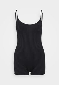 Black ribbed bodysuit with a scoop neck, thin adjustable straps, and short legs. Smooth texture with subtle vertical lines.