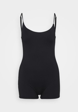 Juodas juostelėmis bodis su apvaliu iškirpimu, plonomis reguliuojamomis petnešėlėmis ir trumpais šonais. Lygus paviršius su subtiliomis vertikaliomis linijomis.