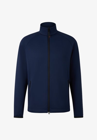 Navy zip-up jacket made of smooth fabric, featuring a high collar, two side pockets, and black zipper. Simple, tailored silhouette.