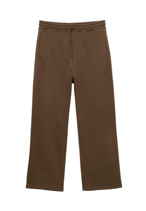Brown wide-leg sweatpants with elastic waistband and drawstring, featuring two side pockets.