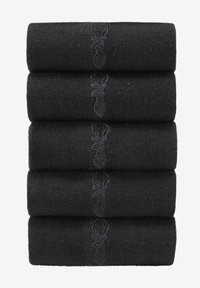 Schwarze gestrickte Socken, fünf Stück übereinander gestapelt, mit einem dezenten, dunkel gestickten Hirschlogo auf jeder Socke. Weicher Stoff mit nahtlosem Design.