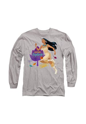 Gray long-sleeve shirt featuring an illustrated character in a tan outfit, with "NATURE Explorer" text and colorful leaves. Soft cotton material.