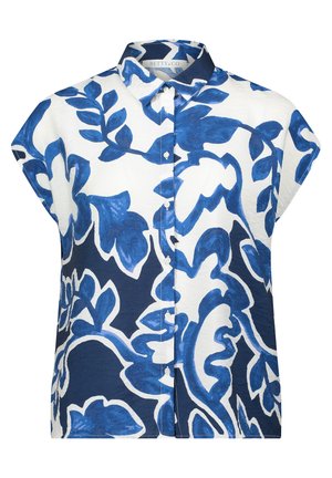 Blouse à manches courtes avec col, blanche à motif floral bleu. Tissu léger avec fermeture par boutons et coupe décontractée.