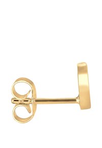 Guld stud ørering med en glat rund bagside, tynd post og en sommerfuglsklap. Materiale: metal. Design: enkelt og minimalistisk.