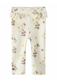 Bloemmotief leggings met gerimpelde taille, met delicate roze en gele bloemen op een witte geribbelde achtergrond.