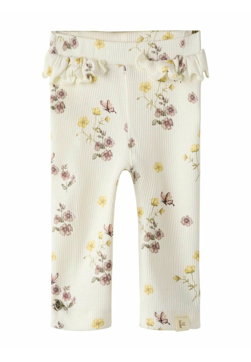 Bloemmotief leggings met gerimpelde taille, met delicate roze en gele bloemen op een witte geribbelde achtergrond.