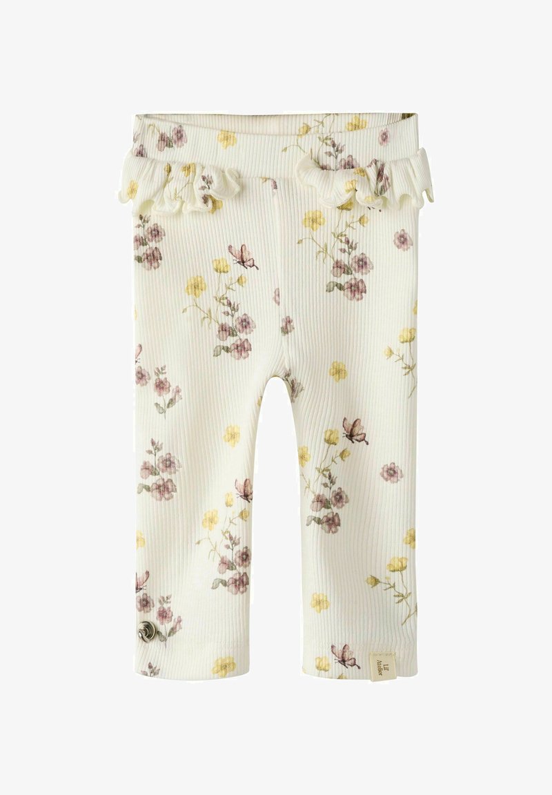 Bloemmotief leggings met gerimpelde taille, met delicate roze en gele bloemen op een witte geribbelde achtergrond.