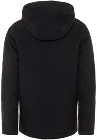 Giacca isolante nera con cappuccio, caratterizzata da una finitura opaca liscia, cuciture a vista e una vestibilità comoda. Nessun logo o hardware visibili.