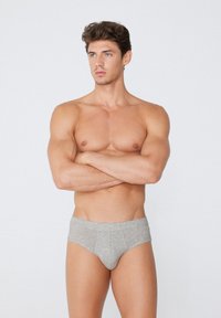 Šedé bavlněné slipy s jemnou texturou a elastickým pasem, s klasickým střihem a minimem švů.