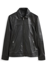 Schwarze Lederjacke mit Kragen, Frontreißverschluss, zwei seitlichen Reißverschlusstaschen und glatter Oberfläche.
