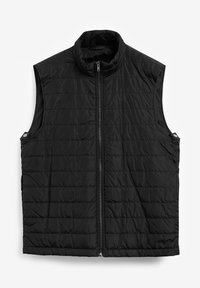 Chaleco acolchado negro con cuello alto, cierre frontal de cremallera y bolsillos laterales. Fabricado con un tejido ligero y texturizado.