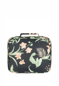 Zwart stoffen tas met bloempatronen en een stevige handgreep, versierd met roze en groene bloemen en bladeren, rechthoekige vorm met ritssluiting.