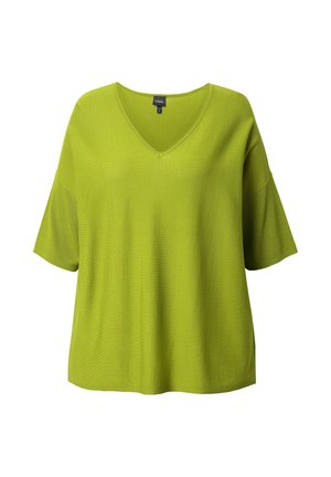 Grünes Oberteil mit kurzen Ärmeln und V-Ausschnitt. Hergestellt aus leichtem Stoff mit glatter Textur und lockerer Passform. Einfaches Design, ohne Muster oder Akzente.
