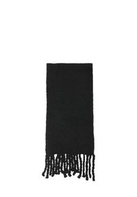 Czarny szal wykonany z teksturowanej tkaniny, z frędzlami na brzegach. Prostokątny kształt, gładka nawierzchnia, minimalny design, wszechstronny do różnych stylizacji.