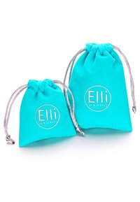 Trousse en tissu turquoise, une grande et une plus petite, avec des cordons argentés. Chacune présente un logo imprimé "Elli" et des accents de design.