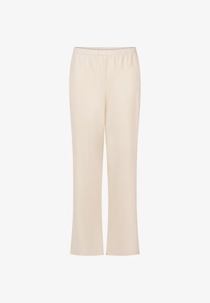 Helle beige, elastische Hosen mit geradem Bein. Hergestellt aus einem glatten Stoff ohne sichtbare Muster oder metallische Details.