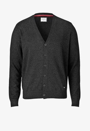 Grafitowy kardigan z miękkiego materiału, z dekoltem w serek, zapięciem na guziki oraz prążkowanymi mankietami i dołem. Zawiera małe logo.