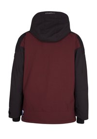 Veste à capuche O'Neill bordeaux et noire avec manches longues, poignets ajustables et logo sur la capuche, vue de dos.