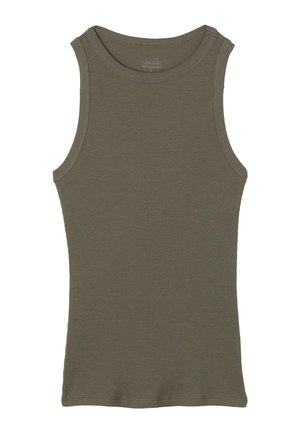 Olivgrünes, geripptes Tanktop mit rundem Halsausschnitt und ärmellosem Design, das aus einem glatten, strukturierten Stoff besteht und sauber verarbeiteten Kanten aufweist.