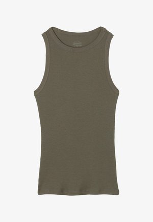 Olivgrünes, geripptes Tanktop mit rundem Halsausschnitt und ärmellosem Design, das aus einem glatten, strukturierten Stoff besteht und sauber verarbeiteten Kanten aufweist.