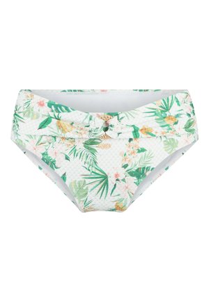 Bloemige bikini onderkant met een witte basis, groene bladeren en roze bloemen, geplooid zijdetail en een gladde textuur.