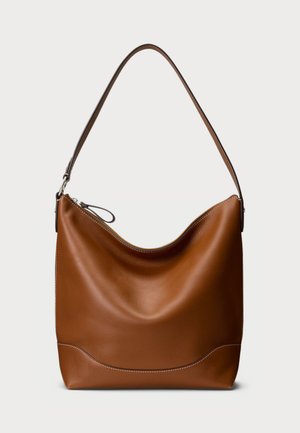 Ruda odinė rankinė išlenkta forma, su viena petneša ir balta siūlų apdaila aplink kraštus.