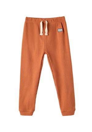 Rustrøde ribbede bukser med elastisk talje og elfenbensfarvede snore; har et lille mærke med teksten "COOL MOOD" på siden.