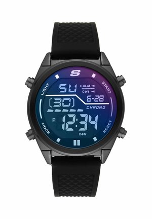 Digitale sporthorloge met zwarte band, toont zondag, 6:28, 12:34 PM, chronograaf, alarm en 24-uurs formaat indicatoren.