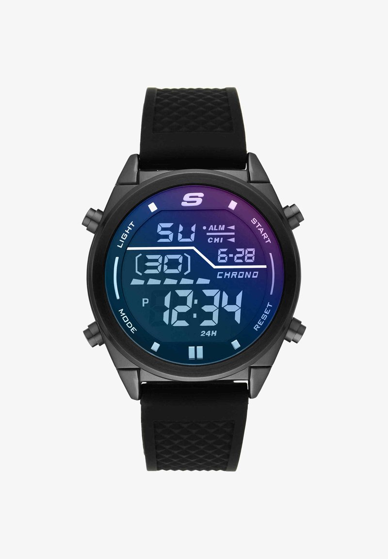 Montre de sport numérique avec bracelet noir, affichant dimanche, 6:28, 12:34 PM, chronographe, alarme et indicateurs du format 24 heures.