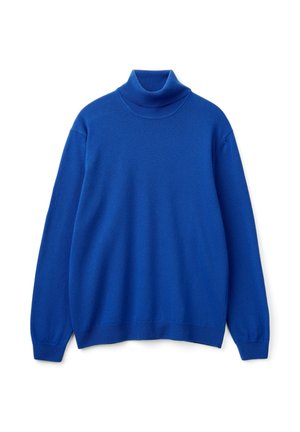 Suéter de cuello vuelto de manga larga en un vibrante color azul, con puños y dobladillo acanalados, exhibido sobre un fondo blanco.