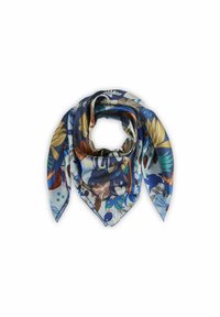 Écharpe en soie colorée présentant des motifs floraux et de feuilles dans des tons de bleu, de marron et d'or, disposée en un pli triangulaire.