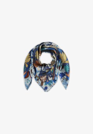 Kleurrijke zijden sjaal met bloemen- en loofpatronen in blauw, bruin en goud, gerangschikt in een driehoekige vouw.