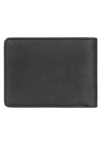 Cartera de cuero negro con textura lisa, forma rectangular y costuras ordenadas a lo largo de los bordes. El interior cuenta con ranuras para tarjetas.