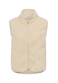Veste en polaire beige avec un col montant, une fermeture éclair à l'avant et des poches latérales. Texture douce et design sans manches pour superposer les vêtements.