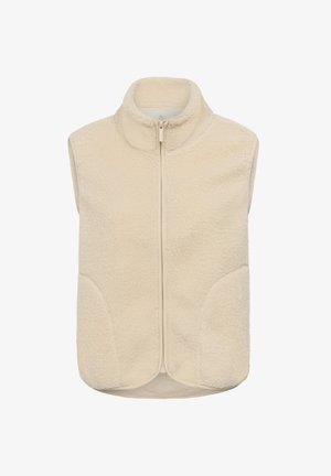 Beežist fliisvest kõrge kraega, esikinnise ja küljetaskutega. Pehme tekstuur ja varrukateta disain sobib kihiliseks kandmiseks.