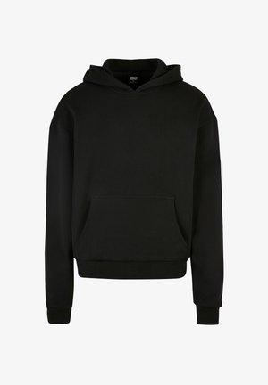 Black hooded sweatshirt made from soft fabric, featuring a front pocket, ribbed cuffs, and a relaxed fit design.