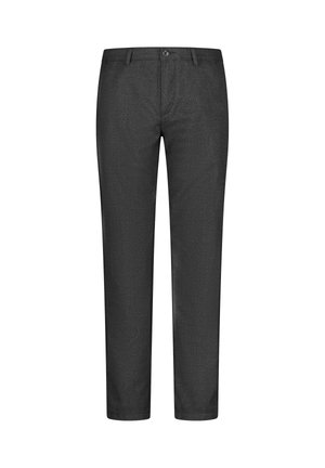 Donkergrijze broek van een gestructureerde stof, met een recht model, voorzakken en een knoopsluiting in de taille.