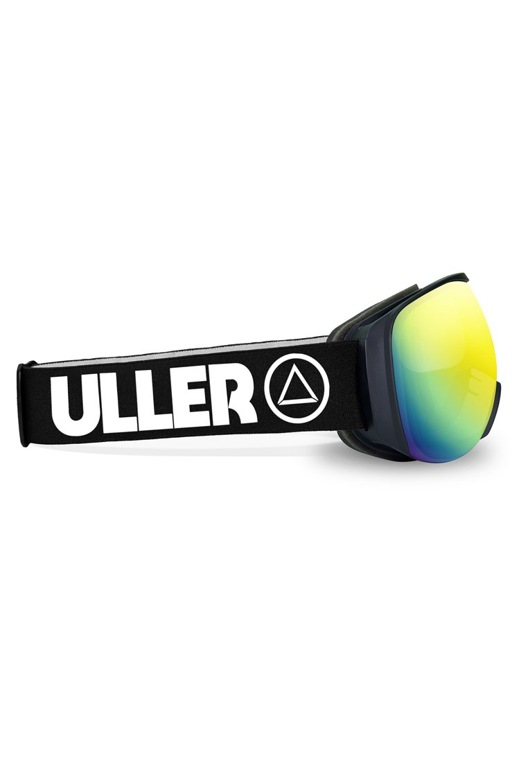 Skibrille mit schwarzem Band und weißem "ULLER"-Logo. Verspiegelte Linse in einem Farbverlauf von Gelb nach Blau, eleganter schwarzer Rahmen, gepolstert für Komfort.