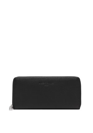 Czarny portfel z zamkiem na całym obwodzie, wykonany z cielęcej skóry o fakturze marmurkowej, z subtelnie wytłoczonym nazwą marki na środku z przodu.