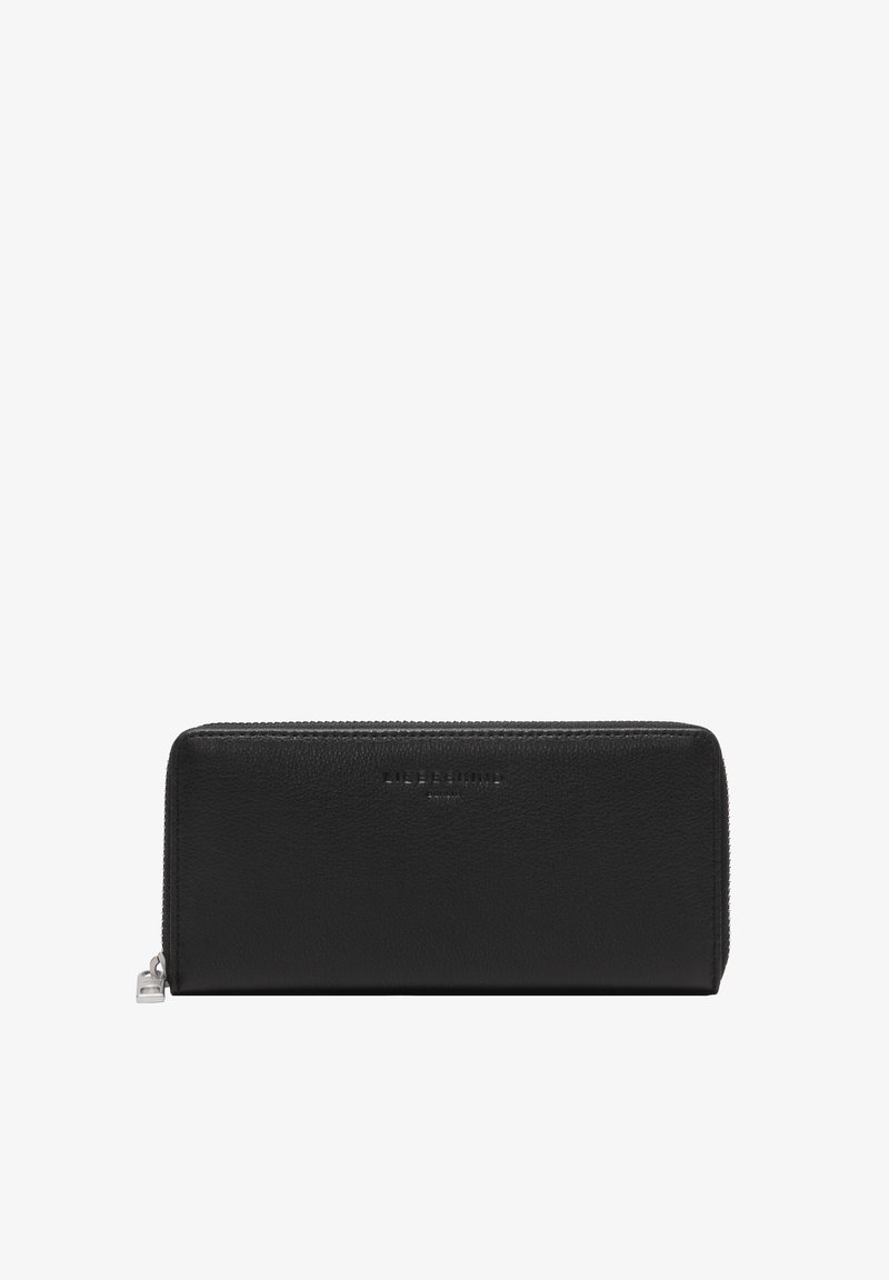Portefeuille zippé en cuir noir à texture grainée avec le nom de la marque discrètement embossé au centre avant.