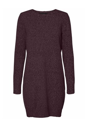 Trdna pletena obleka z dolgimi rokavi v temnem burgundcu. Ima okroglo izrez in rahlo zožen rob, izdelana je iz teksturirane tkanine.