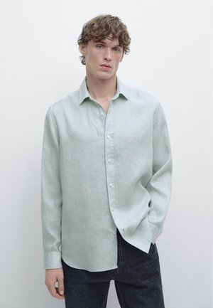 Ung mand med krøllet hår iført en lysegrøn langærmet skjorte og mørke bukser, stående mod en ensfarvet hvid baggrund.