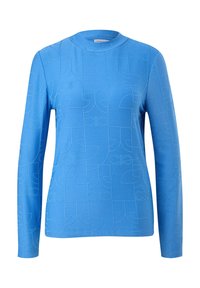 Maglia azzurra a maniche lunghe con un motivo testurizzato caratterizzato da forme geometriche. Collo rotondo, forma aderente e un tessuto morbido e liscio.
