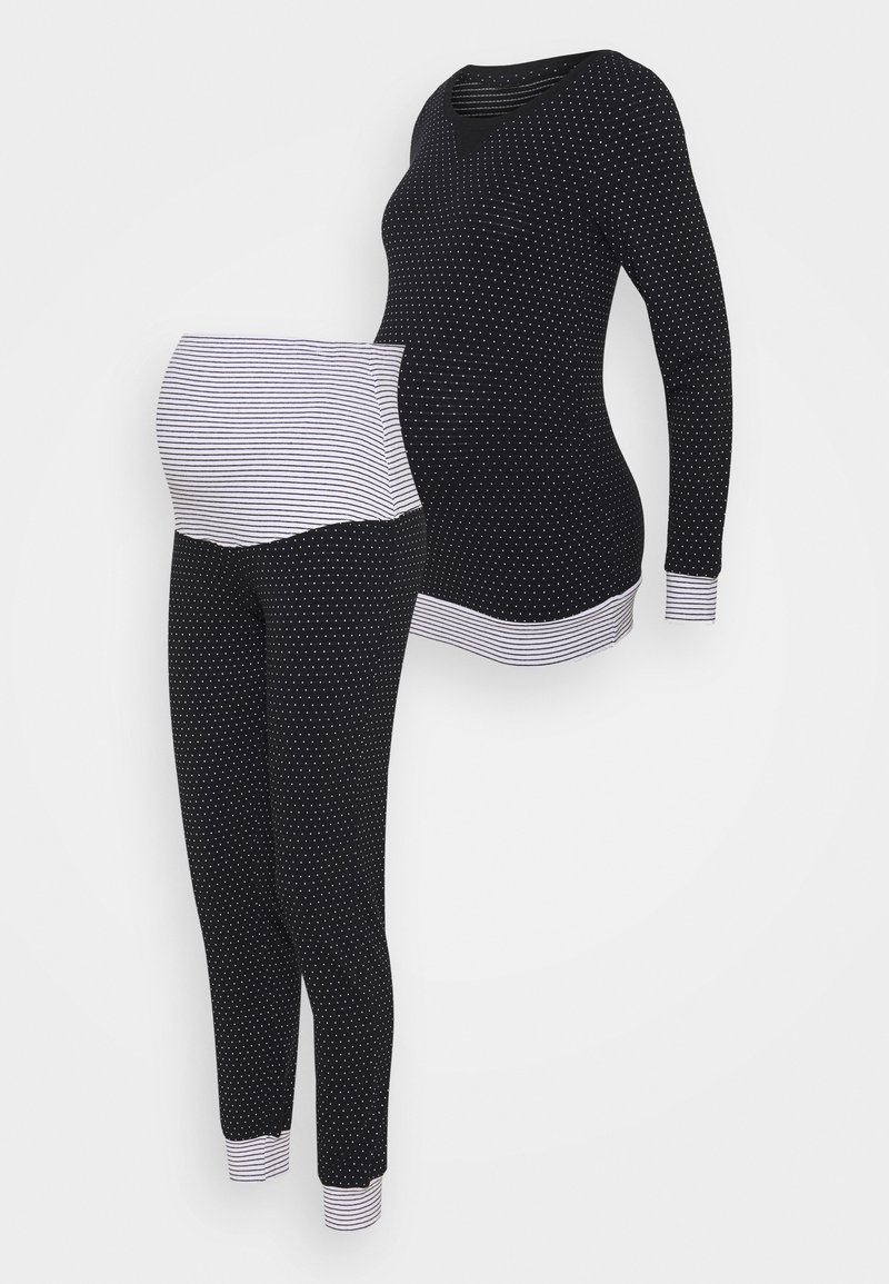 Conjunto de roupa de lazer para grávidas com uma blusa de mangas longas com bolinhas e detalhes em riscas, acompanhado por leggings elásticas combinando.