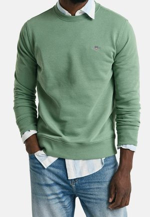 Mies pukeutunut vaaleanvihreään collegepaitaan valkoisen kauluspaitansa päällä ja vaaleansinisiin farkkuihin, seisoo käsi taskussa.